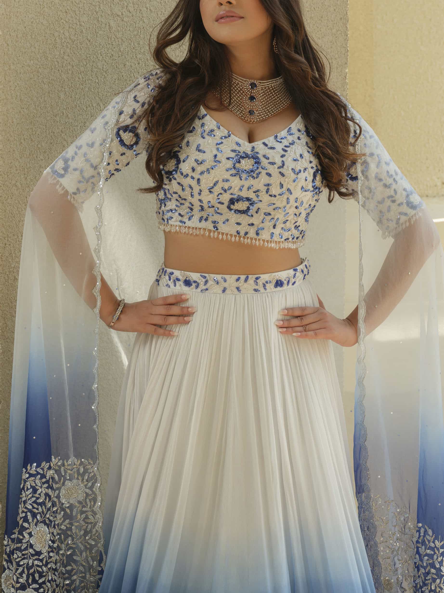 White Blue Ombre Moss Crepe Lehenga with Organza Dupatta