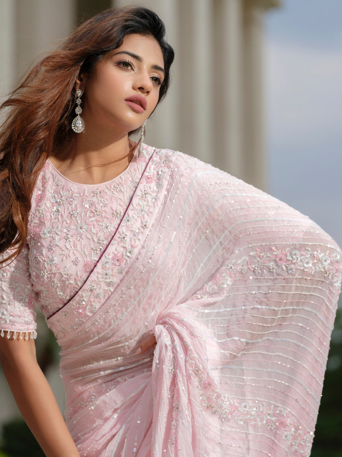 Powder Pink Moss Crepe Saree with Floral Blouse