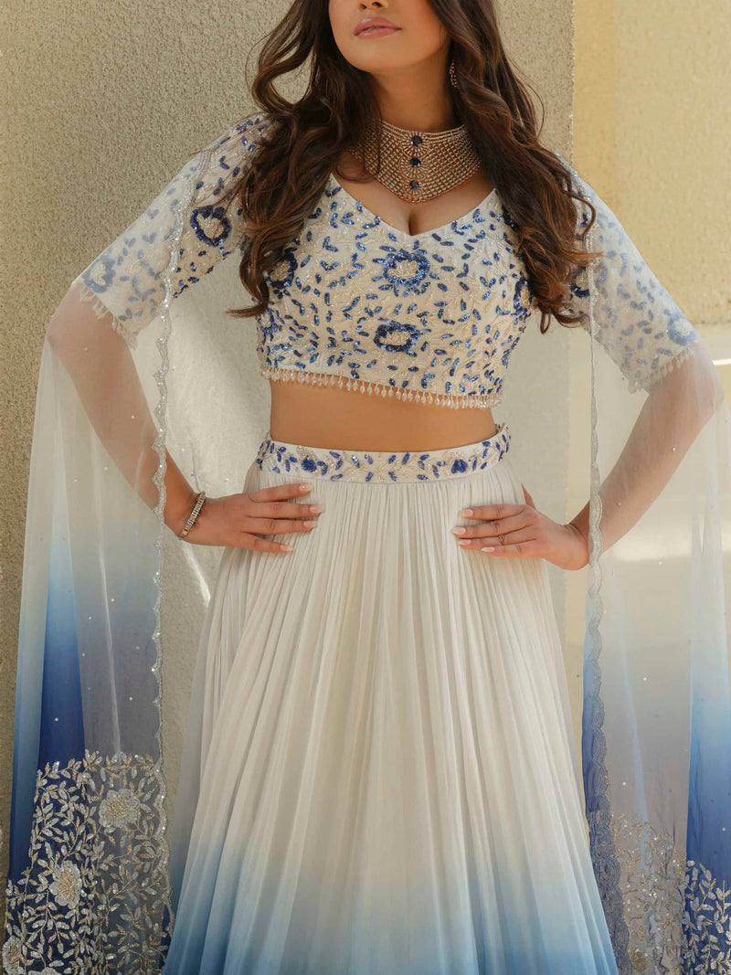 White Blue Ombre Moss Crepe Lehenga with Organza Dupatta