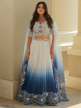 White Blue Ombre Moss Crepe Lehenga with Organza Dupatta