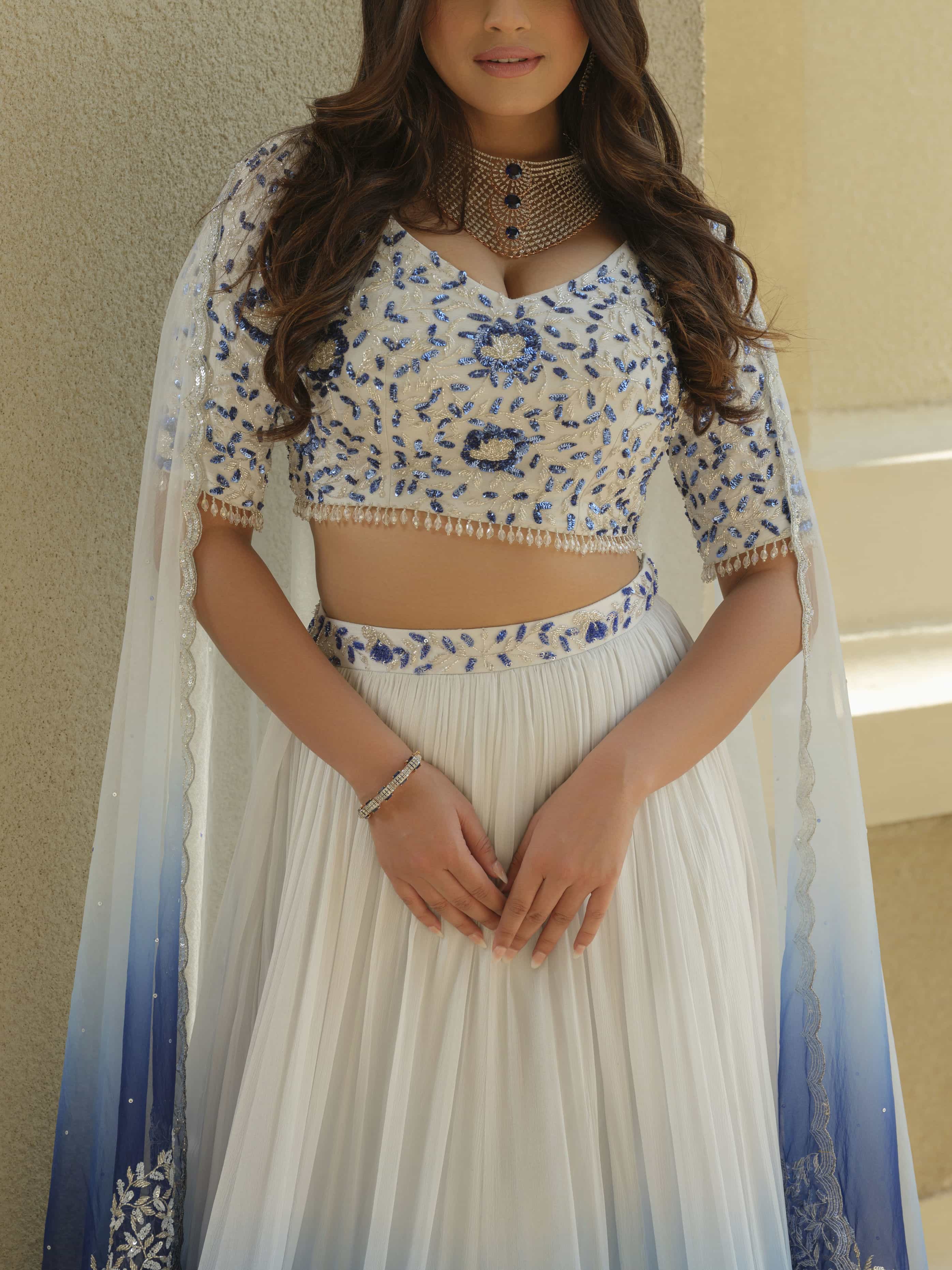 White Blue Ombre Moss Crepe Lehenga with Organza Dupatta