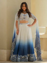 White Blue Ombre Moss Crepe Lehenga with Organza Dupatta