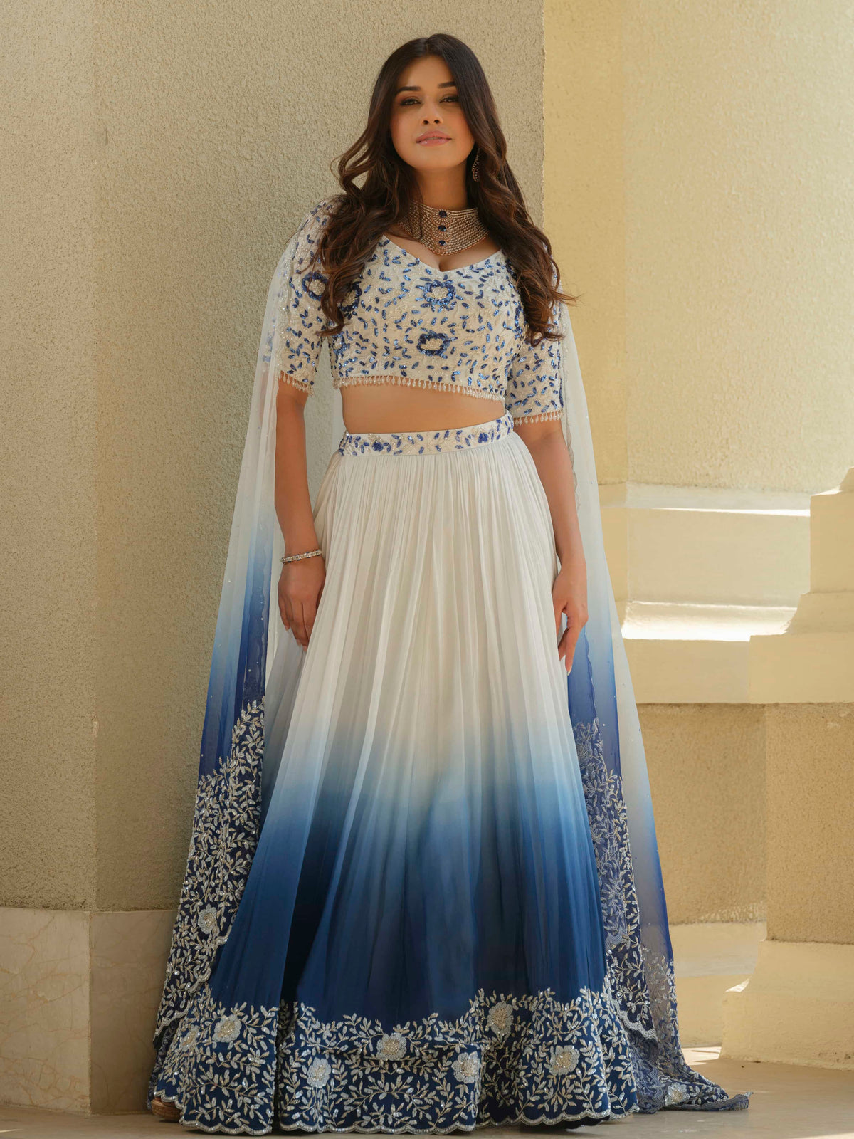 White Blue Ombre Moss Crepe Lehenga with Organza Dupatta