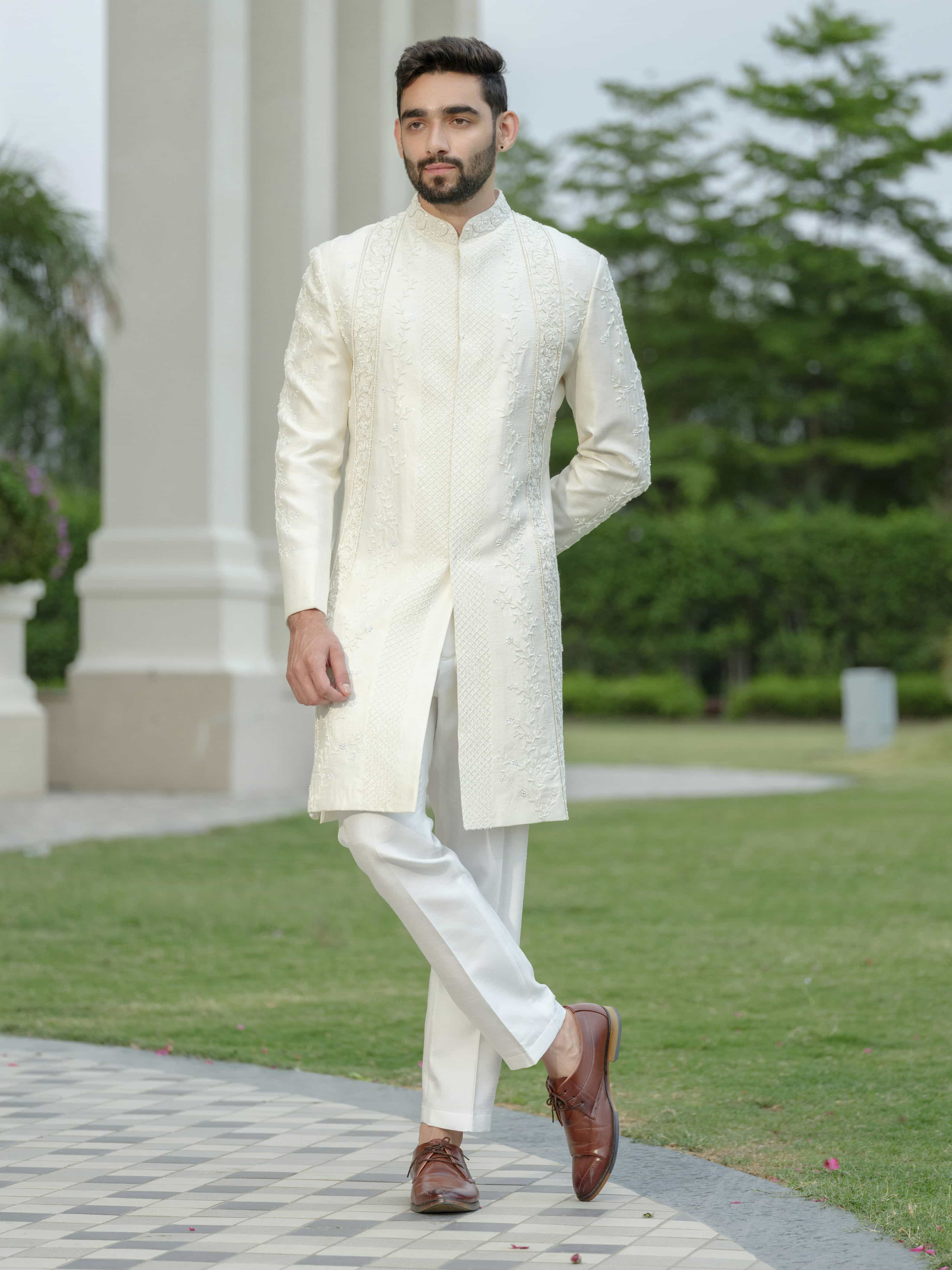 White Silk Embroidered Sherwani Set