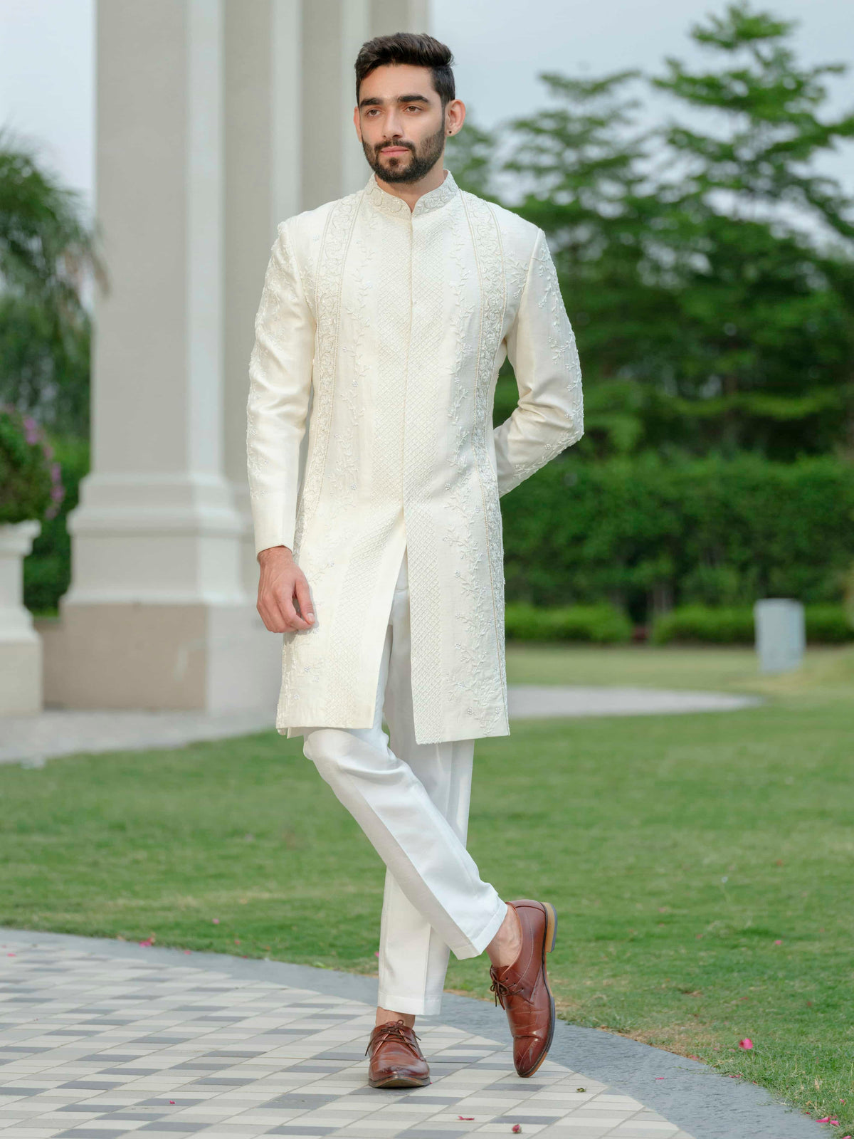 White Silk Embroidered Sherwani Set