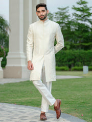White Silk Embroidered Sherwani Set