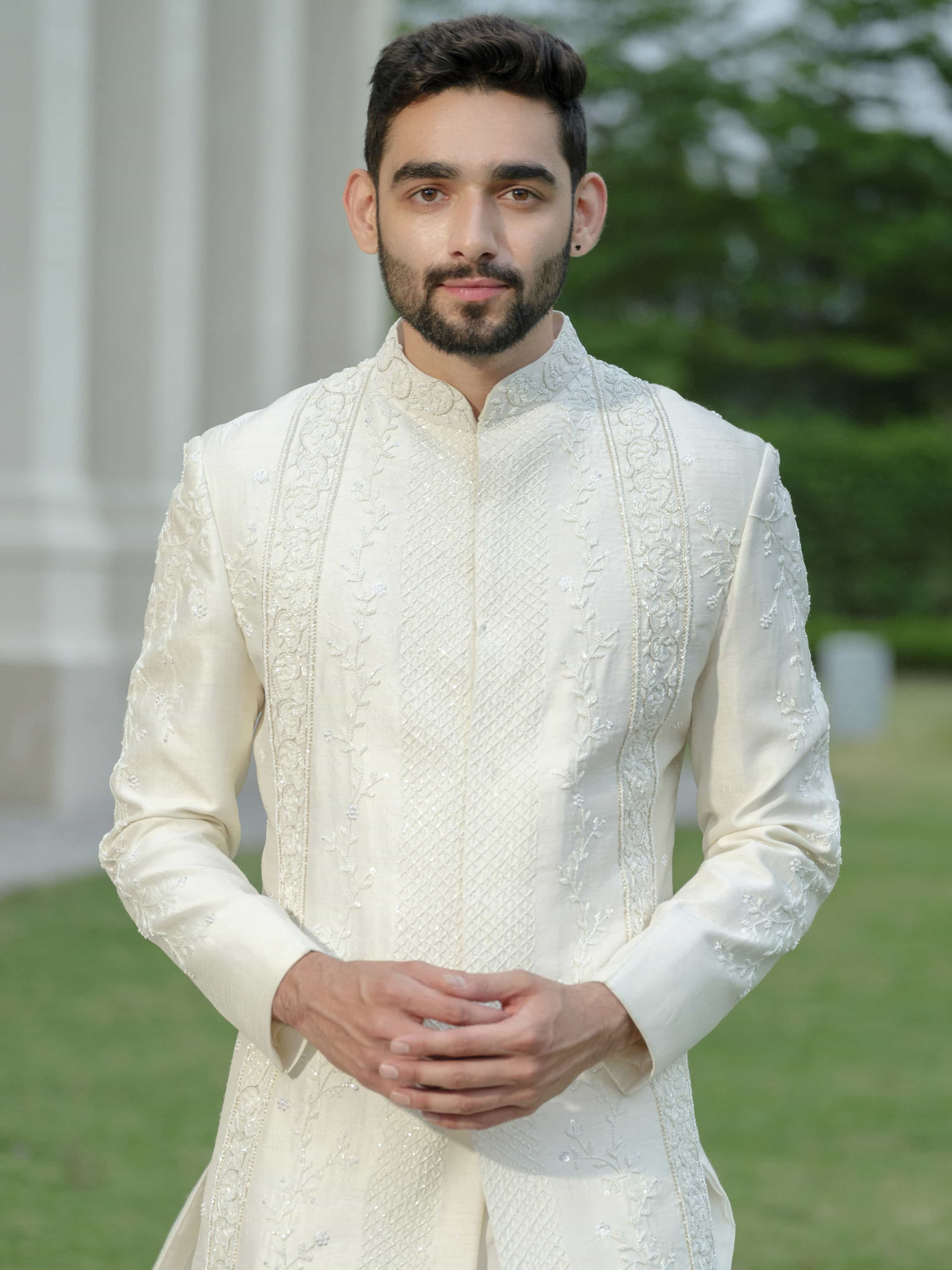 White Silk Embroidered Sherwani Set
