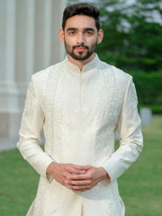 White Silk Embroidered Sherwani Set