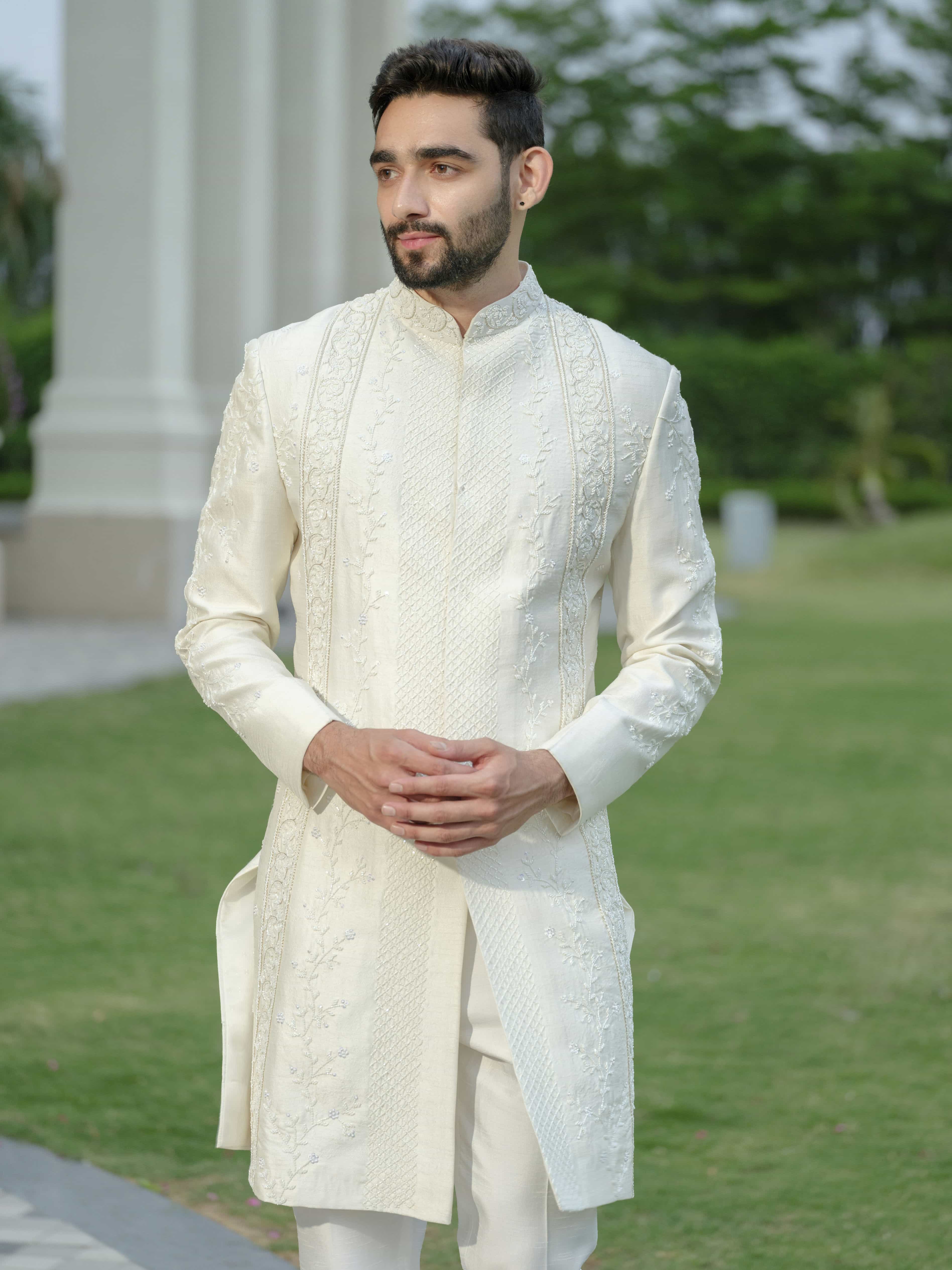 White Silk Embroidered Sherwani Set