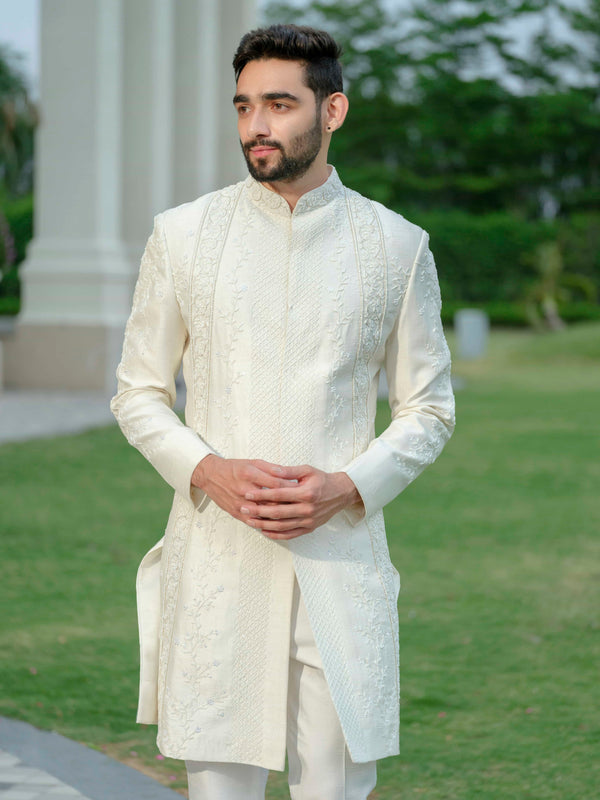 White Silk Embroidered Sherwani Set