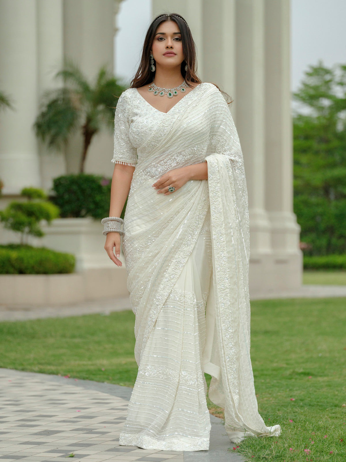 White Moss Crepe Saree with Floral Work Blouse