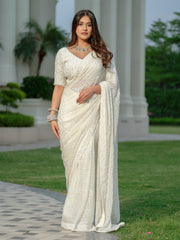 White Moss Crepe Saree with Floral Work Blouse