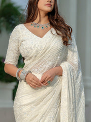 White Moss Crepe Saree with Floral Work Blouse